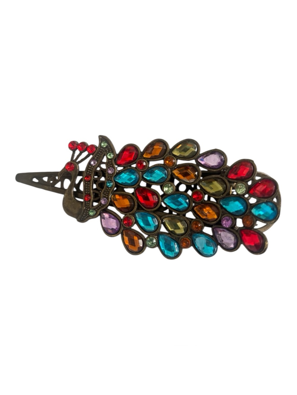 Multicolor Vintage Rhinestone & brass Peacock Hair Clip -3.5 inches Stunning!